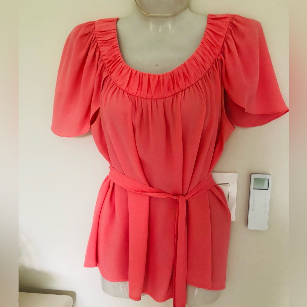 Escada Coral Tie-Waist Peplum Blouse